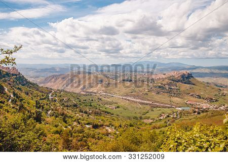 Ancient Calascibetta Landscape City On Rock, Sicily, Italy