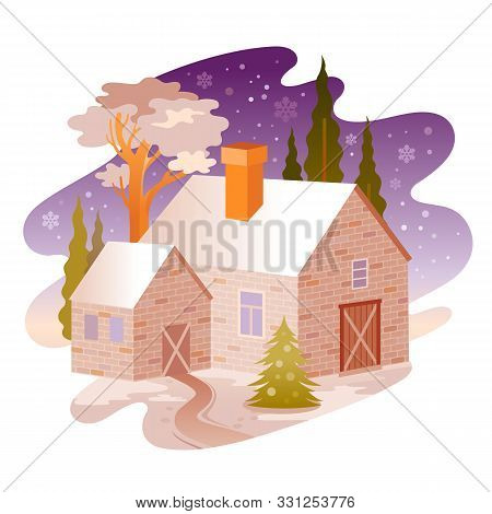 Winter Snow Landscape. House From Four Seasons Seria. Cartoon Rural Home In Vintage Style. Retro Cou