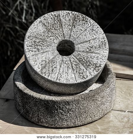 Traditional Large Mill Consists Of Two Millstones, Gray Round Stone Is Used For Grinding Grain, Flou