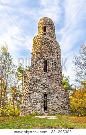Spiral Lookout Tower Of Krasno. Unusual Stone Landmark Near Krasno Village, Czech Republic