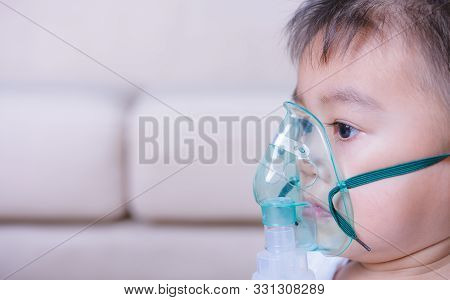 Closeup Asian Face Little Children Boy Sick He Using Steam Inhaler Nebulizer Mask Inhalation Oneself