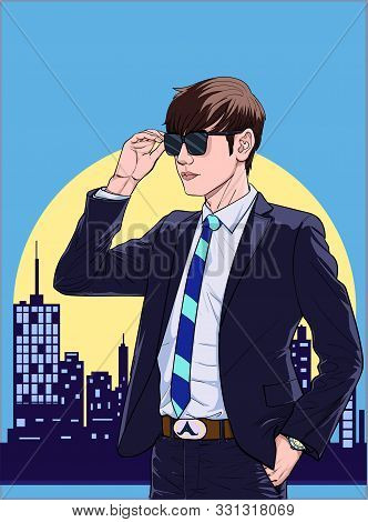 Young Business Men Stand And Look Illustration Vector On Pop Art Comic Style Colorful City At Night 