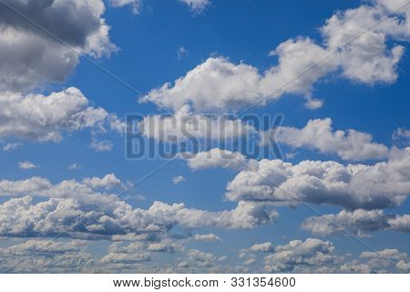 Bright Sunny Day, Cloudscape Full Of White Fluffy Cummulus Clouds