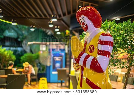 Khao Lak, Thailand, August 30, 2019: Mascot Of A Mcdonalds Restaurant Ronald Mcdonald Welcomes And S