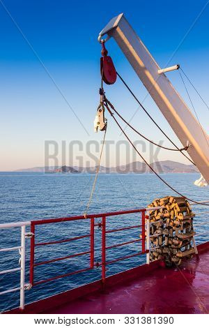 Piombino Channel Crossing With Ferry Boat In Summer