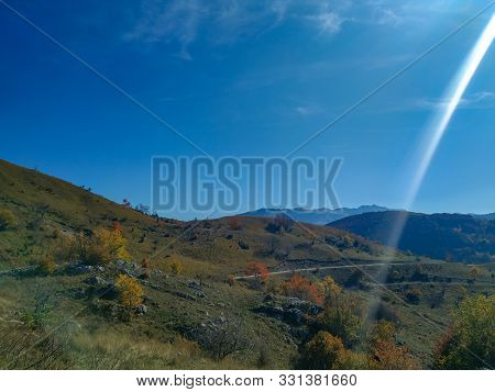 Green Field Meadows With Colorful Nature In The Autumn Blue Sky Day With Sunshine While Walking In T