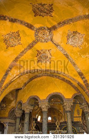 Istanbul, Turkey - September 5th 2019. The Ceiling Of Ayasofia Or Hagia Sofia In Sultanahmet, Istanb