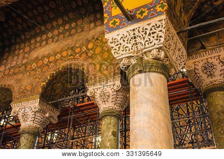 Istanbul, Turkey - September 5th 2019. Details From Top Of A Column In Ayasofia Or Hagia Sofia In Su