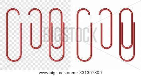 Vector Set Of Red Metallic Realistic Paper Clip On White And Transparent Background. Plastic Papercl