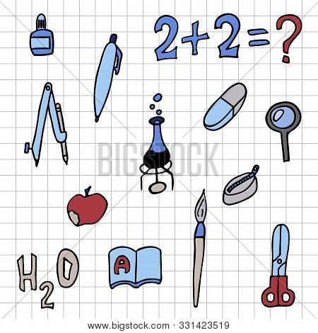 Set Of School Things Checkered Sheet. Glue Pen Apple Brush Eraser Equation Formula Pencil Case Sciss