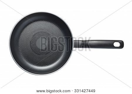 Black Skillet With Non-stick Coated Surface Isolated On White Background. Top View