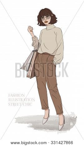 Stylish Shopaholic Girl With Big Glasses. Fashion Illustration In Nude Colors. A Woman In Trousers, 