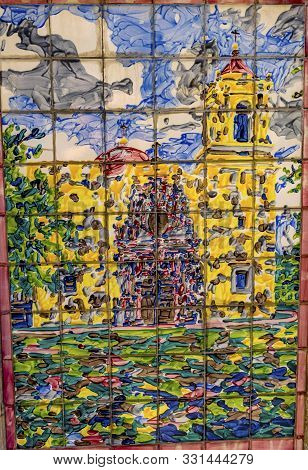 Colorful Blue Pink Yellow Church Old Mission Ceramic San Antonio Texas.  Public Ceramic On Lamp Post