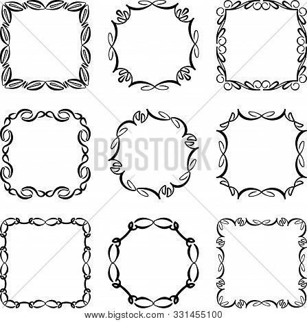 Set Of Nine Simple Stylish Decorative Frames On A White Background.