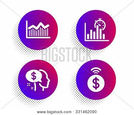 Report Timer, Pay And Money Diagram Icons Simple Set. Halftone Dots Button. Contactless Payment Sign