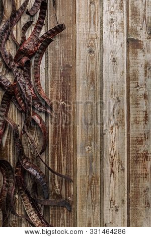 Dry The Pods Of Acacia On An Old Wooden Vintage Background. Acacia Seeds. Natural Wood. Wood Boards.