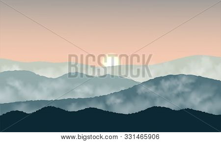 Sunrise And Fog In The Mountains. Green Mountaion On Orange Sky .vector Illustration.