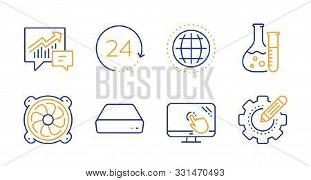 Mini Pc, Globe And Chemistry Lab Line Icons Set. Computer Fan, Accounting And Touch Screen Signs. 24