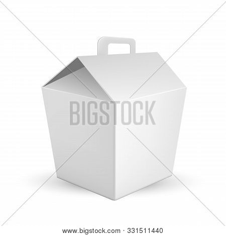 Handled Food Box For Transportation Lunch Vector. Blank Cardboard Carrypack Or Box For Nutrition Wit