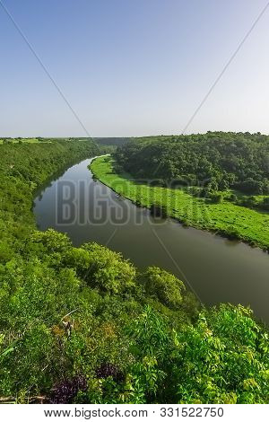 Calm Beautiful River Chevon Among Tropical Jungle High Bank Dominican Republic