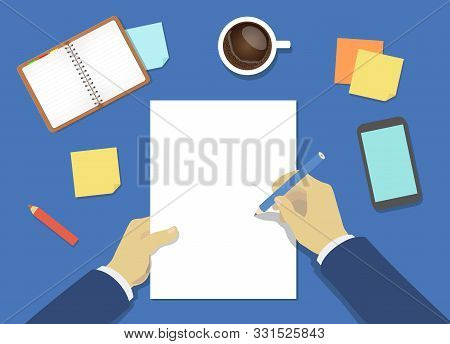 Businesman Hands Whriting On Empty Blank Paper. The Process Of Business Financial Planing.