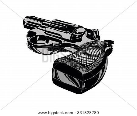 Monochrome Illustrations Of Retro Weapon. Revolver Vintage Gun. Revolver Gun And Weapon Monochrome B