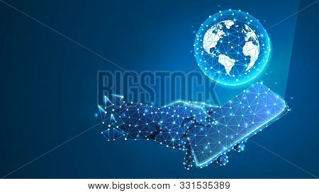 Planet Earth On A Mobile Phone Screen. Global World Communication Concept. Abstract Digital Wirefram