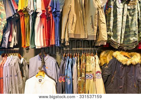 HONG KONG, CHINA - CIRCA JANUARY, 2019: clothes on display at Superdry store in Elements shopping mall.