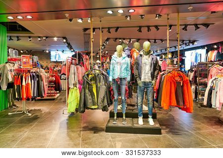 HONG KONG, CHINA - CIRCA JANUARY, 2019: clothes on display at Superdry store in Elements shopping mall.