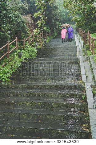 Senior Couple In Colorful Raincoats Is Going Upstairs On Rainy Day
