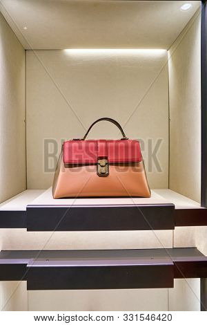 HONG KONG, CHINA - CIRCA JANUARY, 2019: a bag on display at Bottega Veneta store in Elements shopping mall. Bottega Veneta is an Italian luxury goods and high fashion brand.