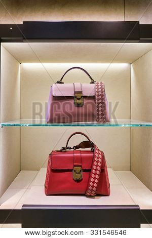 HONG KONG, CHINA - CIRCA JANUARY, 2019: bags on display at Bottega Veneta store in Elements shopping mall. Bottega Veneta is an Italian luxury goods and high fashion brand.