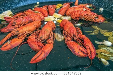 Background With Fresh Crayfish In Pan And Ready For Cooking.