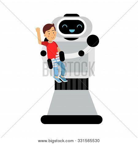 Kind Robot Home Assistant Is Holding A Boy In His Arms. Vector Illustration.