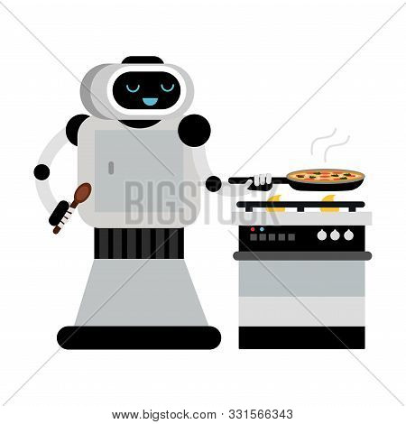 Cute Robot Home Assistant Cooks In A Pan. Vector Illustration.