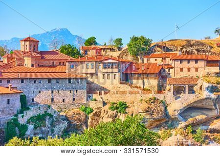 Buildings of The Monastery of Great Meteoron on the rock in Meteora, Greece