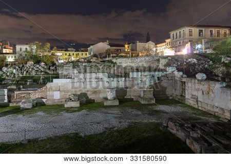 Night Photo Of Hadrian's Library In Athens, Greece