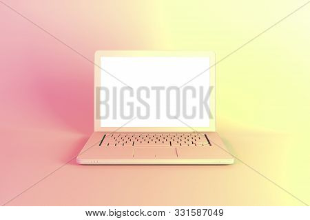 Laptop Or Notebook Computer With White Screen Illuminated By Bright Gradient Holographic Lights Of P