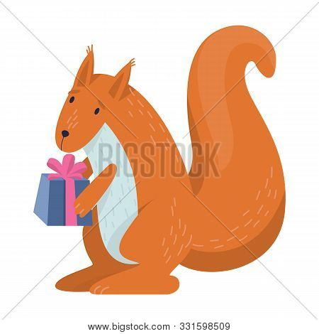Vector Illustration Of Cute Squirel Holding A Gift Box.