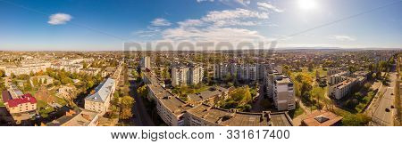 180 Degrees Landscape Of Urban Area. Aerial Drone View Cityscape. Older European Town Drohobych, Ukr