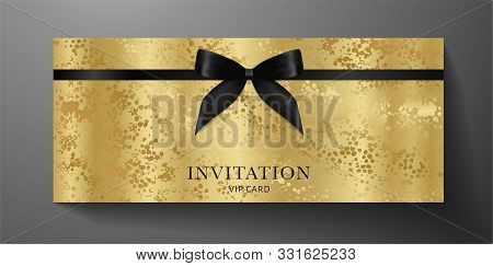 Luxurious Vip Invitation Template With Black Bow, Ribbon On Golden Textured Background. Premium Clas