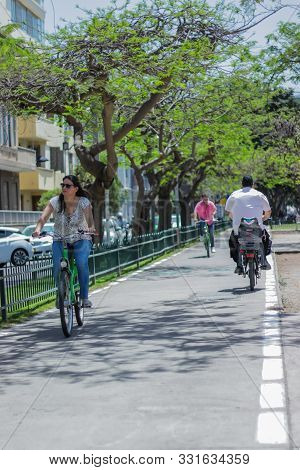Tel Aviv, Israel - May 10, 2017: Local People Are Cycling In Rothschild Boulevard Park In Tel Aviv C
