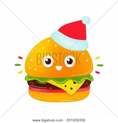 Cute Smiling Happy Burger In Christmas Hat And Gloves. Vector Flat Cartoon Character Illustration. C