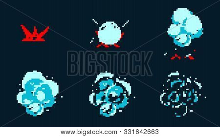 Pixel Art Explosion. Game Icons Set. Comic Boom Flame Effects For Emotion.