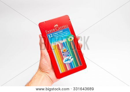 Geneva / Switzerland - 27 March 2018 : Faber Castell Colour Grip Pencil Box Pencils