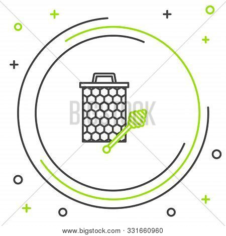Black And Green Line Honeycomb With Honey Dipper Stickicon Isolated On White Background. Honey Ladle