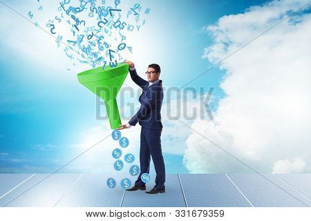 Data monetization concept with funnel and businessman