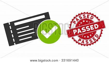 Vector Passed Icon And Grunge Round Stamp Seal With Passed Caption. Flat Passed Icon Is Isolated On 