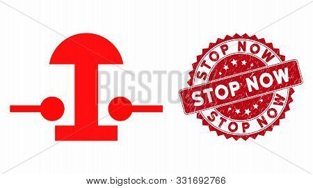 Vector Emergency Stop Button Icon And Grunge Round Stamp Watermark With Stop Now Text. Flat Emergenc