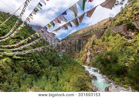Suspention Bridge On The Everest Base Camp Trek, Himalaya Mountains, Sagarmatha National Park, Nepal
